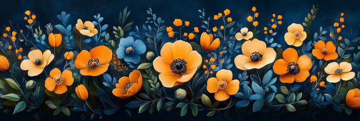 Wall Mural - A vibrant floral border with orange and yellow flowers on a dark blue background.