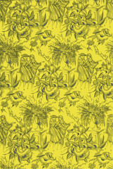 Yellow floral pattern with women and roses.