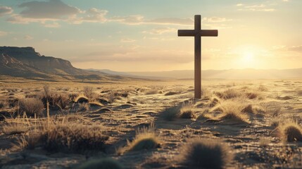 Sticker - Serene Cross Amidst Desert Landscape at Sunrise