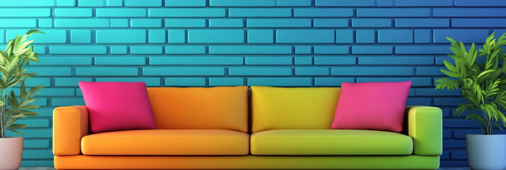 Sticker - A colorful couch with pink pillows against a blue brick wall.