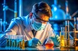 © Laymanzoom - scientist in mask with work in laboratory for medical research or experiment