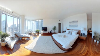 Wall Mural - Modern studio apartment with a full 360 equirectangular panoramic view, featuring clear windows for abundant natural light.