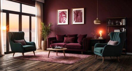 Wall Mural - Deep burgundy accent theme for a cozy living room with a high back sofa rustic wood flooring and soft glowing light from sunset