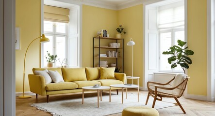 Canvas Print - Light yellow Scandinavian style living room with a cozy fabric sofa minimalist bookshelf and soft daylight illuminating the space