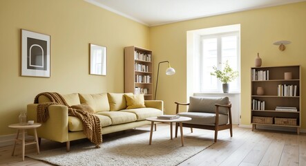 Wall Mural - Light yellow Scandinavian style living room with a cozy fabric sofa minimalist bookshelf and soft daylight illuminating the space