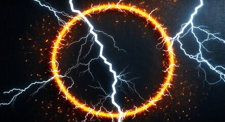 Sticker - Orange fiery light particles in circular formation crackling with intense lightning bolts on a textured black background