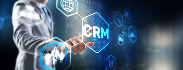 Poster - Customer relationship management system concept. Businessman touching finger CRM