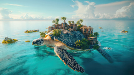 Sticker - A massive turtle swims through clear turquoise waters, supporting a dense island with greenery and contemporary structures under a sunny sky