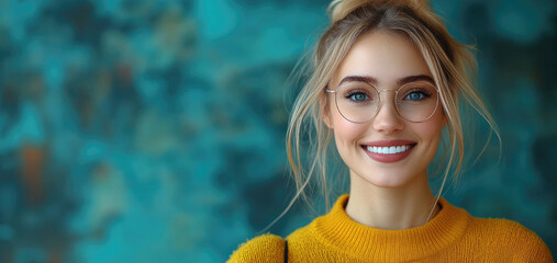 Wall Mural - A cheerful young woman with long hair and glasses beams joyfully, dressed in a cozy sweater, posing in front of an eye-catching turquoise background