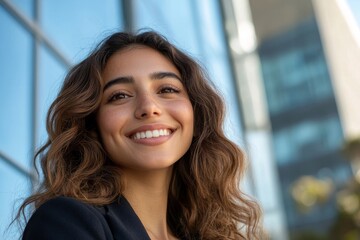 Canvas Print - Happy young Hispanic business woman standing outside modern office building. Portrait of professional businesswoman. Office worker looking up to the sky and smiling, Generative AI