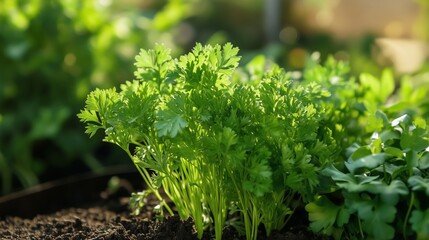 Canvas Print - Fresh cilantro grows vibrantly in a garden setting with rich soil and lush greenery on a sunny day