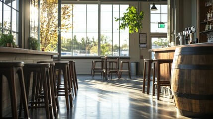 Wall Mural - Side view of stools at a bar, featuring a barrel as a table in the background, large clear windows letting in sunlight