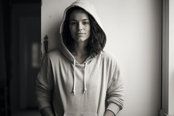 Wall Mural - Portrait of a satisfied woman in her 30s wearing a zip-up fleece hoodie in bare monochromatic room