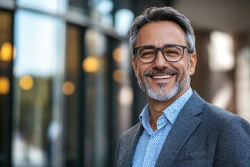 Wall Mural - Middle-aged businessman wearing spectacles smiling standing outside banking office building, Generative AI