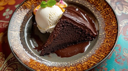 Top view of a dessert plate with a slice of chocolate cake and a scoop of ice cream, on a vibrant tablecloth.