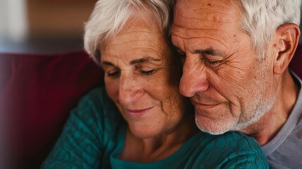 An older couple looking happy together on a couch, sharing a moment of contentment and love with copy space