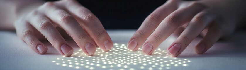 Close up of fingers touching a glowing surface.