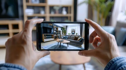 augmented reality shopping experience, with a person using a smartphone to visualize furniture in th