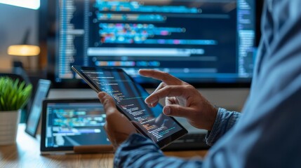 Close-up of programmer's hands working on a tablet with code on the screen.