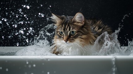 Wall Mural - A playful image of a fluffy cat cautiously stepping into a bathtub filled with warm water, with splashes around, capturing the curiosity and hesitation of pets during bath time.