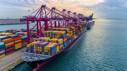 Cargo ship docked at a port, loaded with colorful shipping containers.