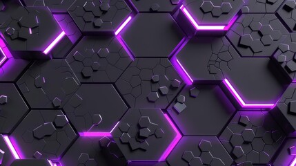 Abstract 3D background with glowing purple hexagons