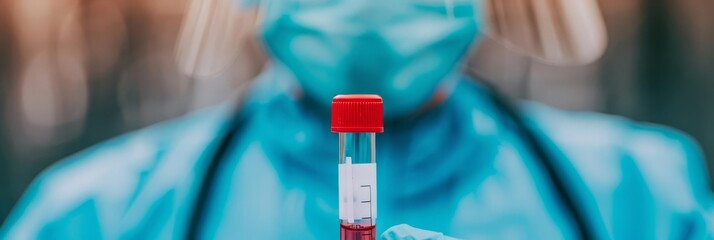 Doctor holding a test tube of blood in gloved hands