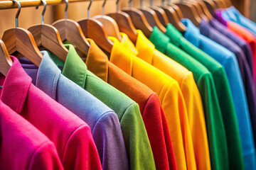 Row of colorful cotton coat suits are hanged by wooden cloth hanger on the rail. Fashion lifestyle object, close-up and selective focus.