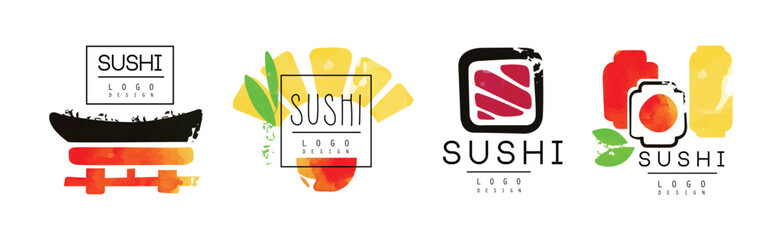 Canvas Print - Sushi Bar Logo Design with Japanese Food Vector Set