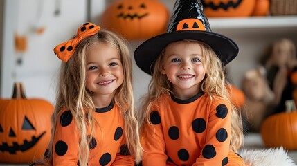 Wall Mural - Cheerful and energetic children wearing bright playful Halloween costumes with pumpkin and polka dot designs surrounded by festive for a lively and fun filled party