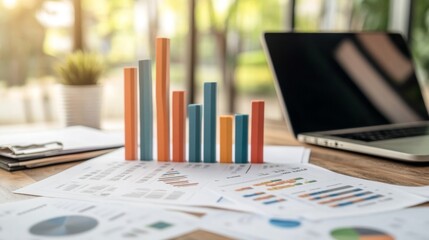 Aufkleber - A professional financial bar chart with clear, colorful bars representing monthly income and expenses, placed on a clean workspace background with business documents and a laptop.