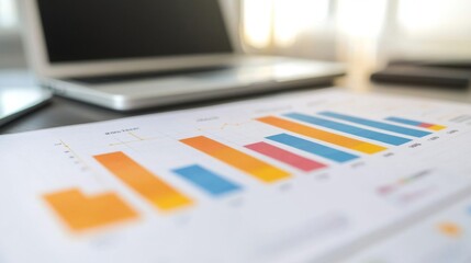 Aufkleber - A professional financial bar chart with clear, colorful bars representing monthly income and expenses, placed on a clean workspace background with business documents and a laptop.
