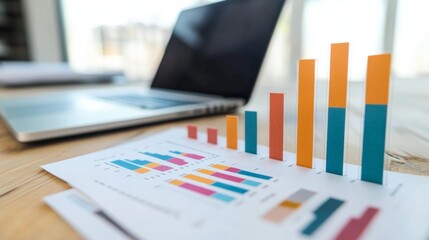 Aufkleber - A professional financial bar chart with clear, colorful bars representing monthly income and expenses, placed on a clean workspace background with business documents and a laptop.