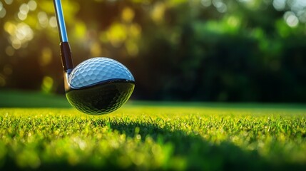 High-resolution view of a golf ball on a tee with a sleek golf driver beside it, and rich green grass creating a professional golf course atmosphere