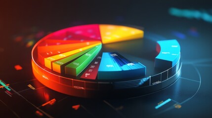 Aufkleber - A rotating 3D pie chart with colorful, layered sections representing data, with numbers and labels floating beside each slice for clarity.
