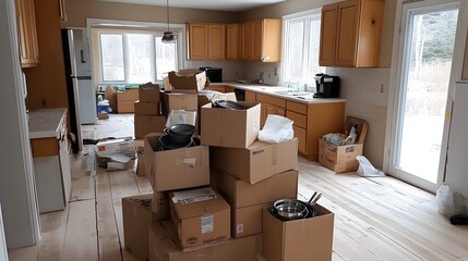 Wall Mural - A pile of moving boxes sitting in the middle of an empty kitchen with pots pans and other household items peeking out from the open cardboard containers