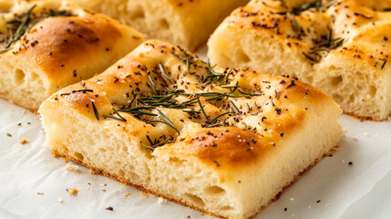 Freshly baked focaccia bread topped with rosemary and spices on a wooden board