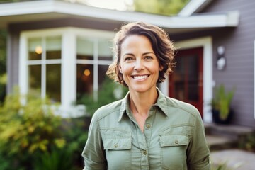 Sticker - Portrait of a smiling woman in her 40s sporting a breathable hiking shirt isolated in stylized simple home office background