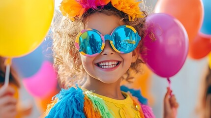 Delighted young girl wearing a colorful whimsical Halloween costume with playful accessories and festive a joyous carefree spirit at a fun party or