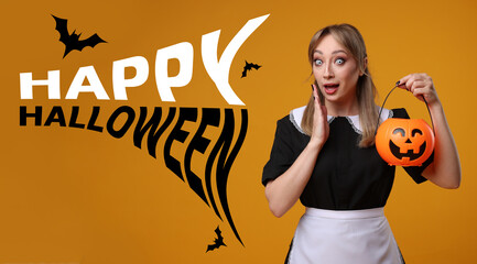 Sticker - Happy Halloween card. Woman dressed like scary maid holding pumpkin bucket on orange background