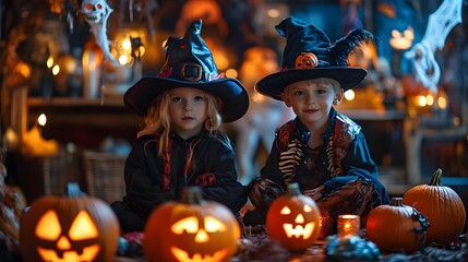 Wall Mural - Festive Halloween Party Scene with Colorful Spooky Costumes Jack o  Lanterns Bats and Other Creepy for a Kid s Halloween