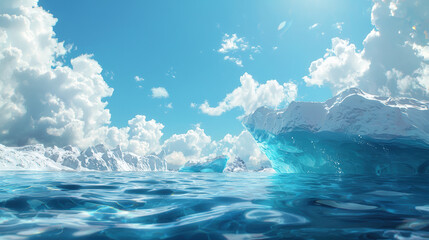 stunning view of iceberg floating in serene ocean under bright blue sky filled with fluffy clouds. scene captures beauty of nature and tranquility of environment