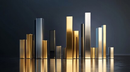 Poster - A set of metallic 3D bar graphs in gold and silver colors, standing tall on a reflective surface, representing business performance and wealth growth.