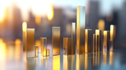 Poster - A set of metallic 3D bar graphs in gold and silver colors, standing tall on a reflective surface, representing business performance and wealth growth.