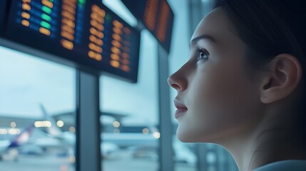 Poster - Close up of a businesswoman s face illuminated by the light from a departure screen at an airport with planes visible through the large windows behind her