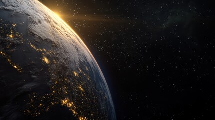Wall Mural - a view of earth surface showing the transition between day and night, with city lights appearing on 