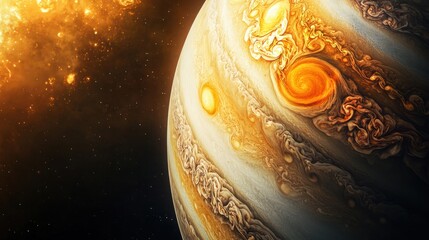 Wall Mural - a view of jupiter southern hemisphere, with turbulent clouds and large storms moving across the plan