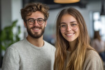 Wall Mural - Two attractive smiling young office colleagues, Generative AI