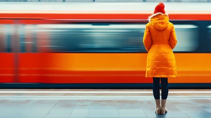 Fototapete - Close up of a woman standing on a train platform with a blurred train speeding past her in the background creating a sense of motion and emphasis on the available space around her