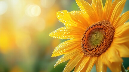 Poster - A single sunflower with dew drops on its bright yellow petals, captured in the morning light, with the droplets adding a fresh and lively touch.